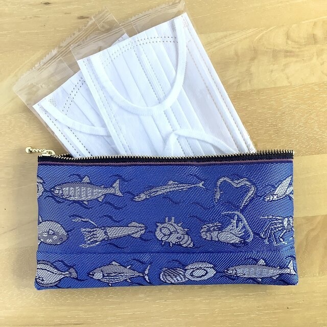 【魚介】畳縁 幅広ペンケース マスクケース ポーチ 和風 青 魚