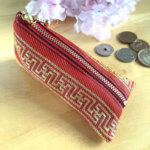 【ラーメン模様(雷文様)】畳縁 テトラ型 ペンケース 赤 ゴールド 和風 チャイナ