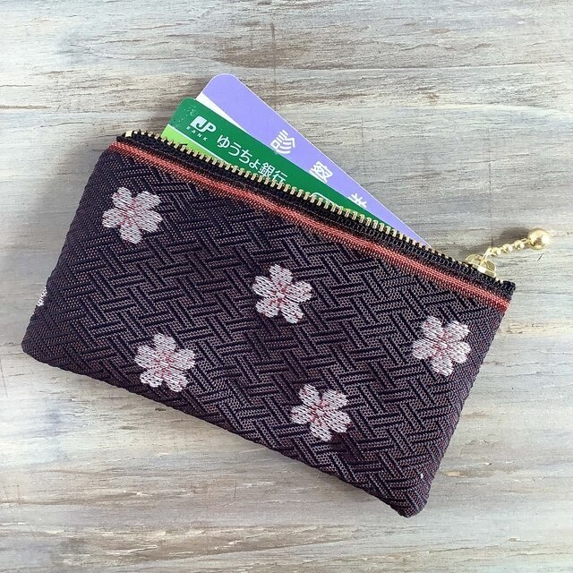 【夜桜】畳縁 ぺたんこ 小銭入れ ミニポーチ カードケース あずき色 春 さくら 和風