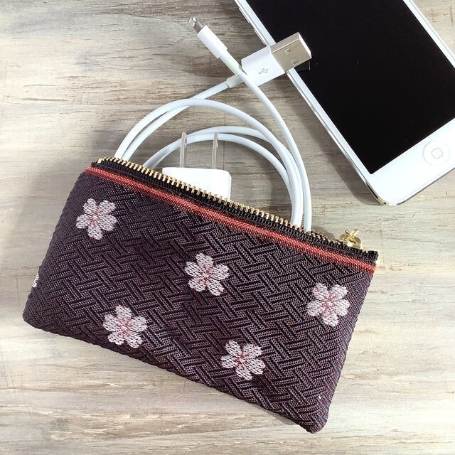 【夜桜】畳縁 ぺたんこ 小銭入れ ミニポーチ カードケース あずき色 春 さくら 和風