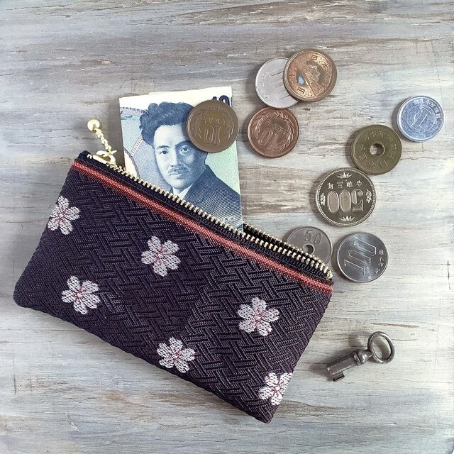 【夜桜】畳縁 ぺたんこ 小銭入れ ミニポーチ カードケース あずき色 春 さくら 和風