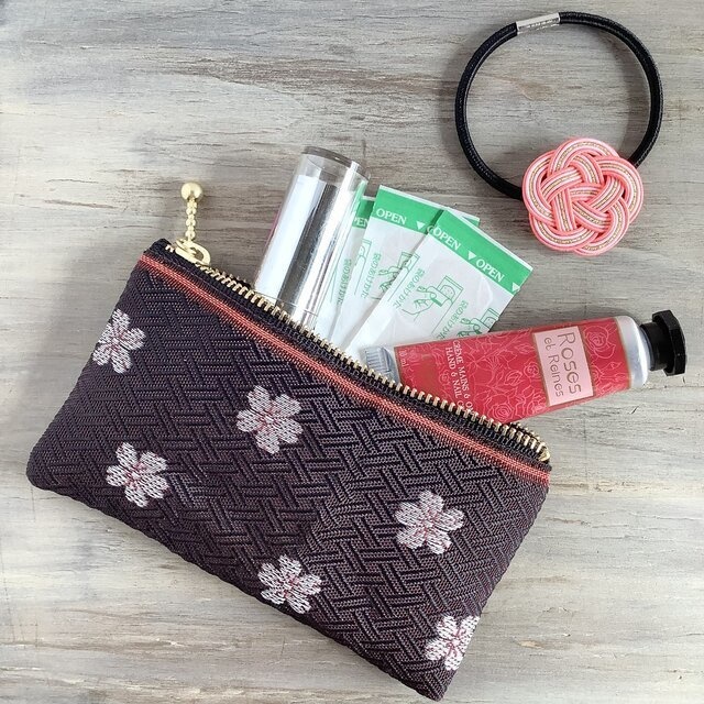 【夜桜】畳縁 ぺたんこ 小銭入れ ミニポーチ カードケース あずき色 春 さくら 和風