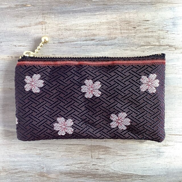 【夜桜】畳縁 ぺたんこ 小銭入れ ミニポーチ カードケース あずき色 春 さくら 和風