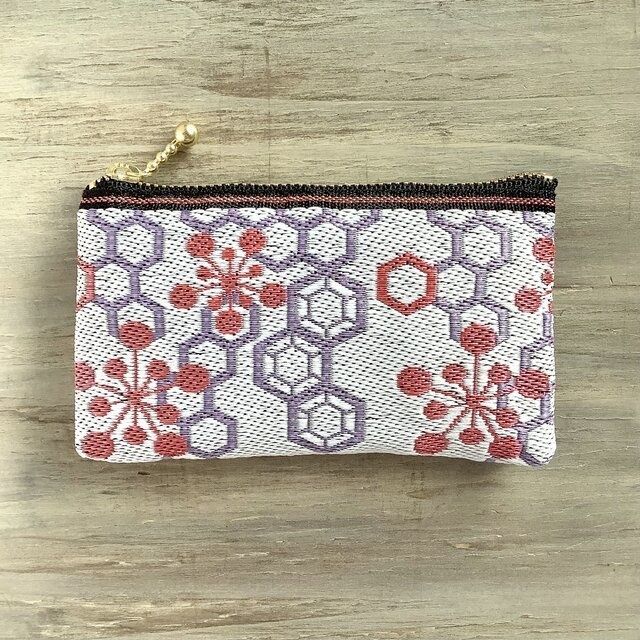 【梅亀甲】畳縁 ぺたんこ 小銭入れ ミニポーチ カードケース 白 和風 ハニカム