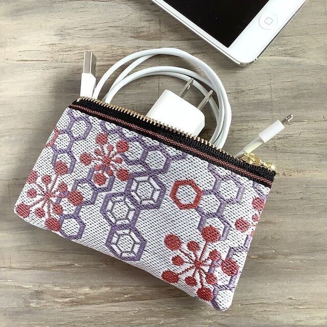 【梅亀甲】畳縁 ぺたんこ 小銭入れ ミニポーチ カードケース 白 和風 ハニカム