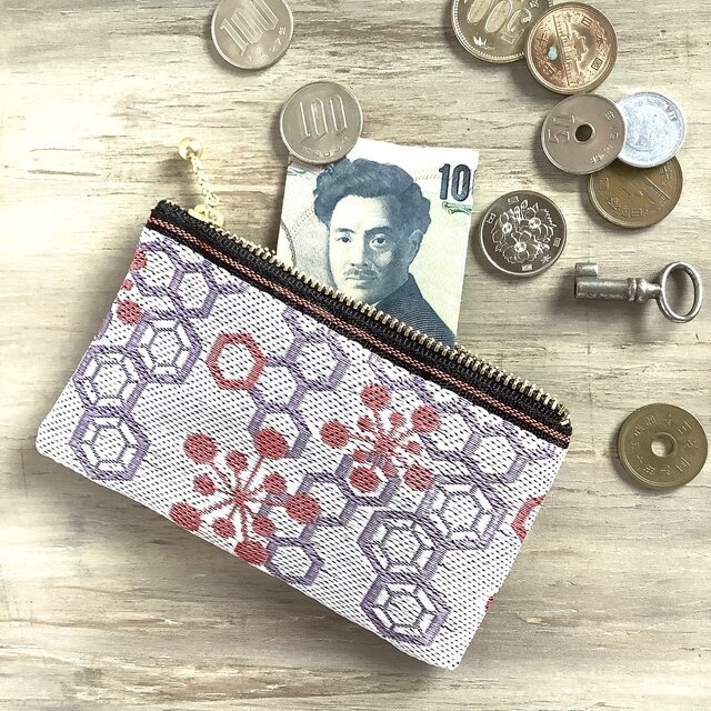 【梅亀甲】畳縁 ぺたんこ 小銭入れ ミニポーチ カードケース 白 和風 ハニカム