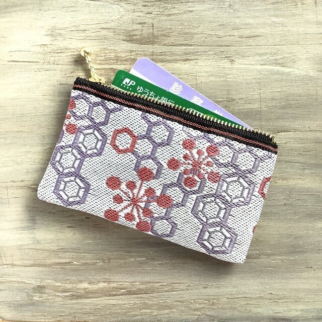 【梅亀甲】畳縁 ぺたんこ 小銭入れ ミニポーチ カードケース 白 和風 ハニカム