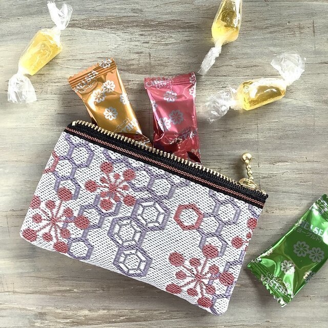 【梅亀甲】畳縁 ぺたんこ 小銭入れ ミニポーチ カードケース 白 和風 ハニカム