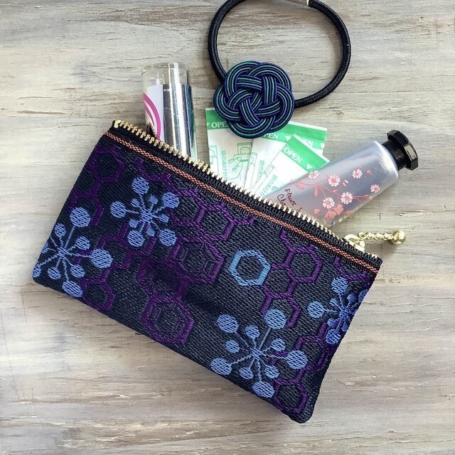 【梅亀甲】畳縁 ぺたんこ 小銭入れ ミニポーチ カードケース 紺 和風 ハニカム