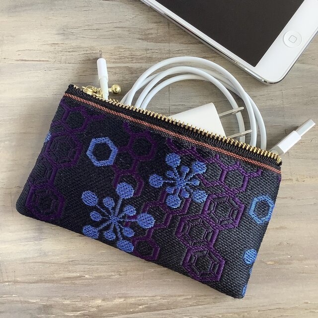 【梅亀甲】畳縁 ぺたんこ 小銭入れ ミニポーチ カードケース 紺 和風 ハニカム