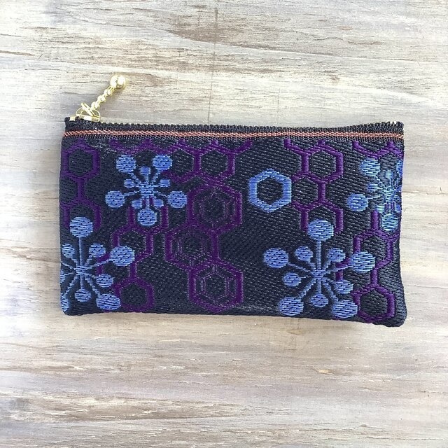 【梅亀甲】畳縁 ぺたんこ 小銭入れ ミニポーチ カードケース 紺 和風 ハニカム