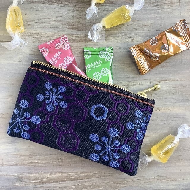 【梅亀甲】畳縁 ぺたんこ 小銭入れ ミニポーチ カードケース 紺 和風 ハニカム