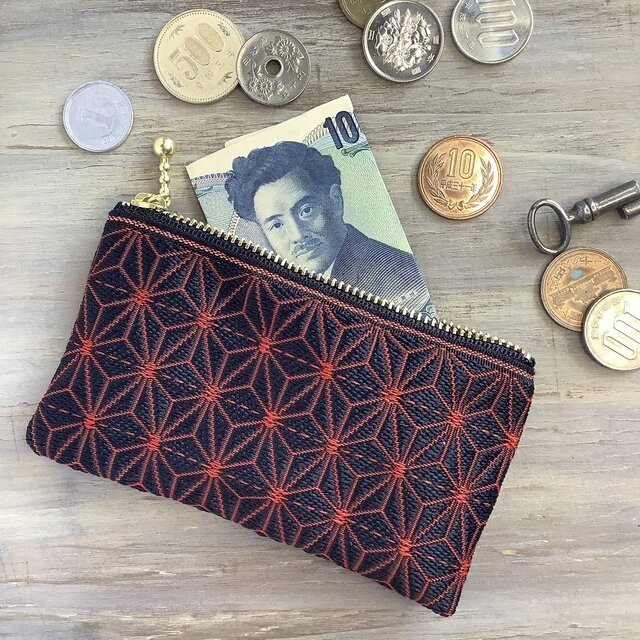 【麻の葉】畳縁 ぺたんこ 小銭入れ ミニポーチ カードケース 黒赤 クール 縁起物