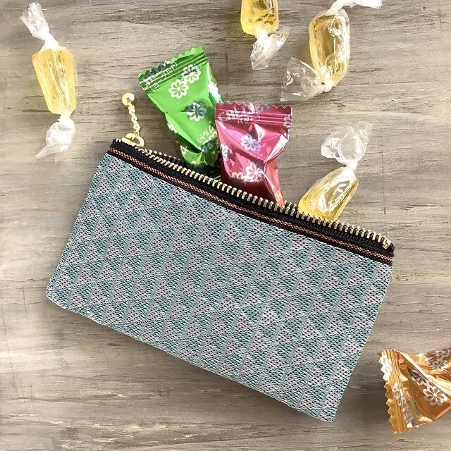 【鱗模様】畳縁 ぺたんこ ミニポーチ カードケース 小銭入れ 新選組 幾何学模様 三角 白 浅葱