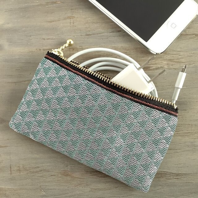 【鱗模様】畳縁 ぺたんこ ミニポーチ カードケース 小銭入れ 新選組 幾何学模様 三角 白 浅葱