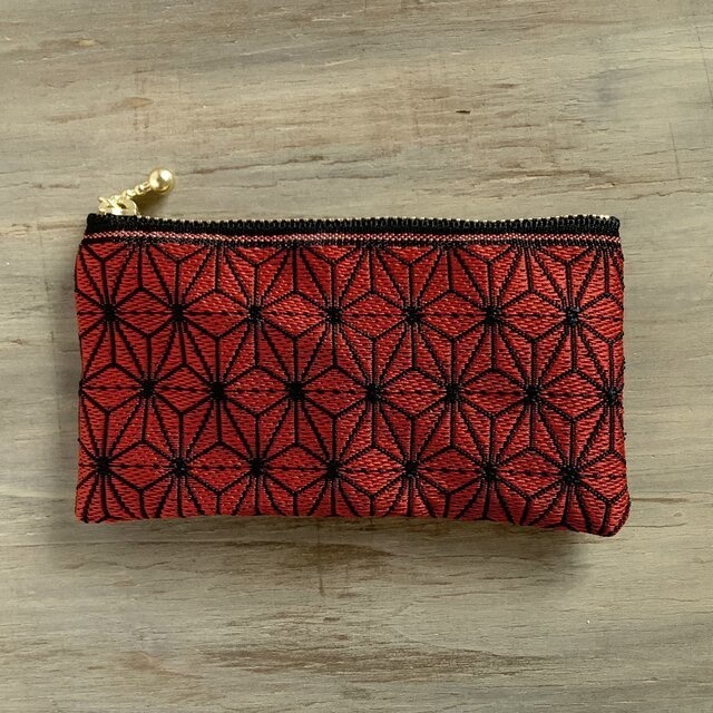 【麻の葉】畳縁 ぺたんこ ミニポーチ 小銭入れ カードケース 赤黒 クール 縁起物