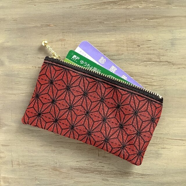 【麻の葉】畳縁 ぺたんこ ミニポーチ 小銭入れ カードケース 赤黒 クール 縁起物