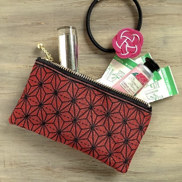 【麻の葉】畳縁 ぺたんこ ミニポーチ 小銭入れ カードケース 赤黒 クール 縁起物