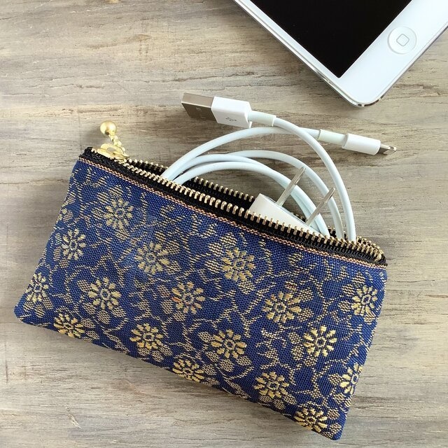 【花更紗】畳縁 テトラ型 ペンケース 紺 金 オリエンタル