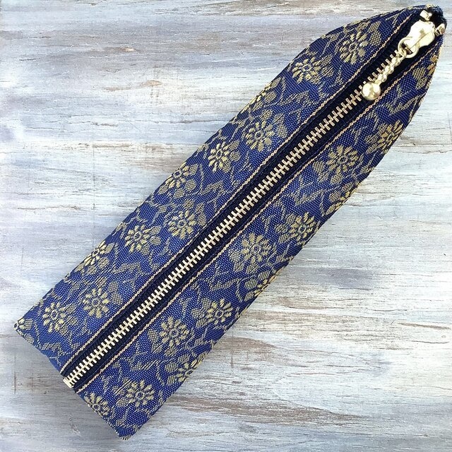 【花更紗】畳縁 テトラ型 ペンケース 紺 金 オリエンタル