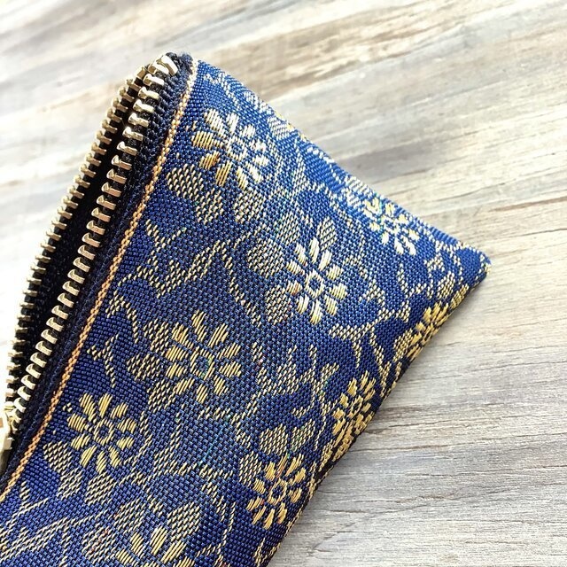 【花更紗】畳縁 ぺたんこ ミニポーチ 小銭入れ カードケース 紺 金 オリエンタル