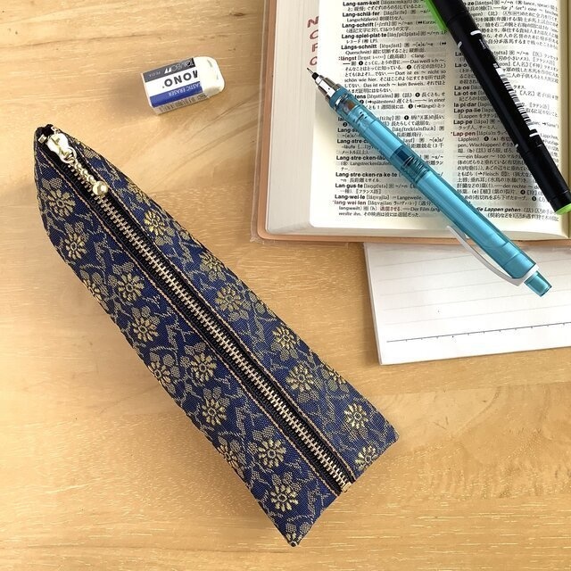 【花更紗】畳縁 ぺたんこ ミニポーチ 小銭入れ カードケース 紺 金 オリエンタル