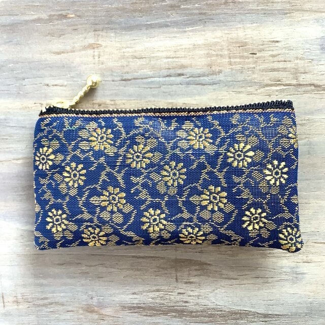 【花更紗】畳縁 ぺたんこ ミニポーチ 小銭入れ カードケース 紺 金 オリエンタル