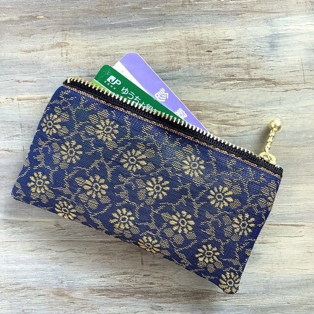 【花更紗】畳縁 ぺたんこ ミニポーチ 小銭入れ カードケース 紺 金 オリエンタル