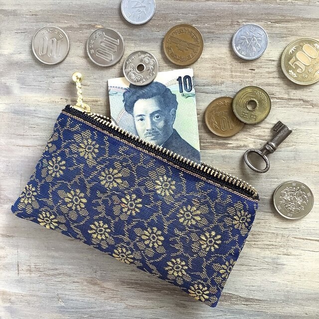 【花更紗】畳縁 ぺたんこ ミニポーチ 小銭入れ カードケース 紺 金 オリエンタル