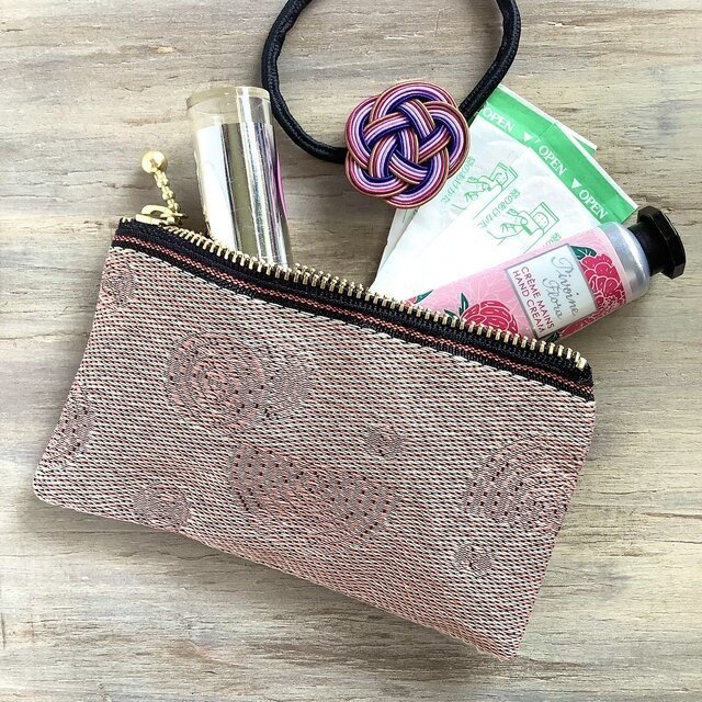 【枯山水】畳縁 ぺたんこ ミニポーチ 小銭入れ カードケース ピンク 禅 同心円 ストライプ