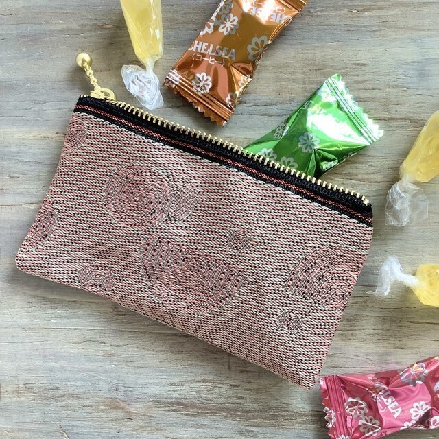 【枯山水】畳縁 ぺたんこ ミニポーチ 小銭入れ カードケース ピンク 禅 同心円 ストライプ