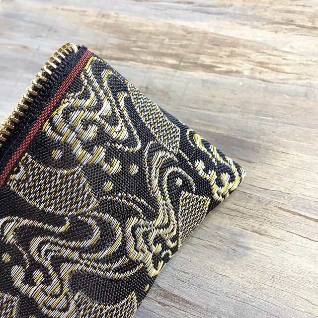 【扇と流水】畳縁 テトラ型 ミニポーチ 小銭入れ 黒 金 銀 和風 吉祥文様