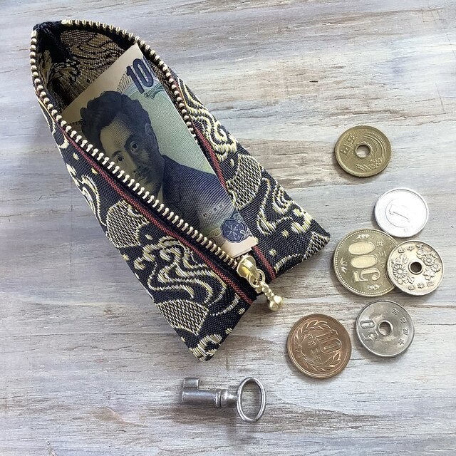 【扇と流水】畳縁 テトラ型 ミニポーチ 小銭入れ 黒 金 銀 和風 吉祥文様