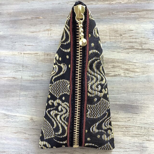 【扇と流水】畳縁 テトラ型 ミニポーチ 小銭入れ 黒 金 銀 和風 吉祥文様