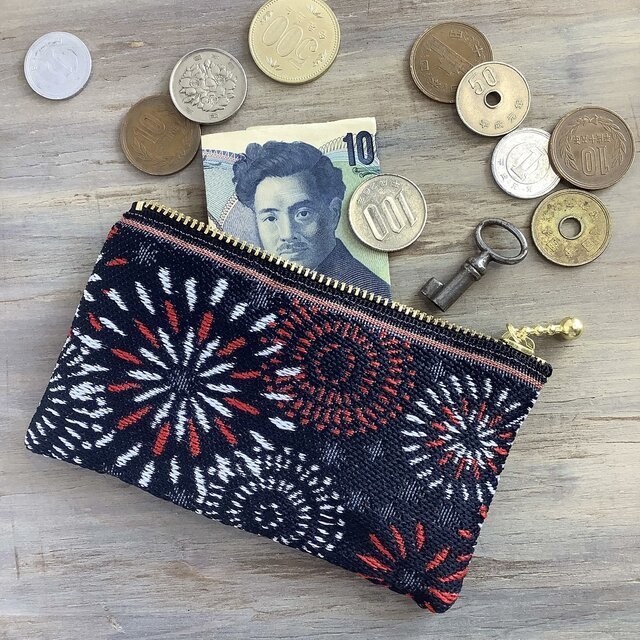 【花火】畳縁 ぺたんこ ミニポーチ 小銭入れ カードケース 黒