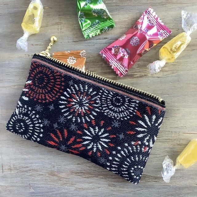 【花火】畳縁 ぺたんこ ミニポーチ 小銭入れ カードケース 黒