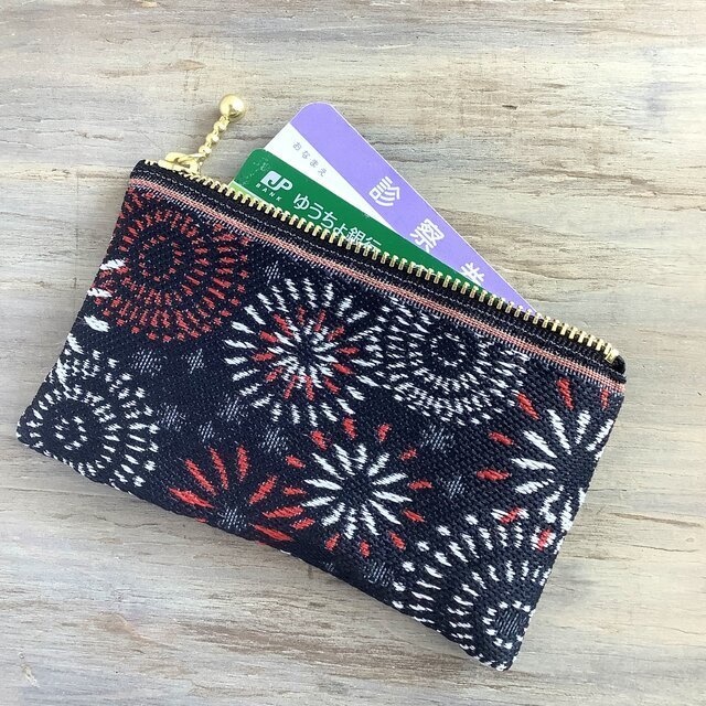 【花火】畳縁 ぺたんこ ミニポーチ 小銭入れ カードケース 黒