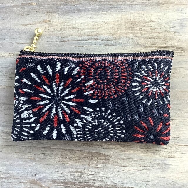 【花火】畳縁 ぺたんこ ミニポーチ 小銭入れ カードケース 黒