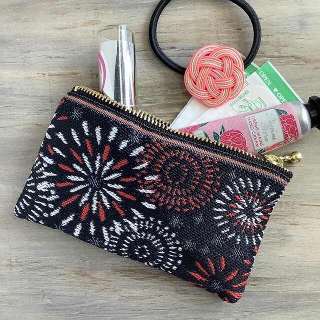 【花火】畳縁 ぺたんこ ミニポーチ 小銭入れ カードケース 黒