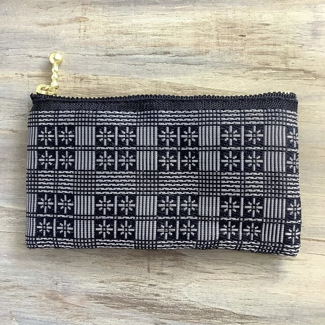 【雪の窓】畳縁 ぺたんこ ミニポーチ 小銭入れ カードケース 花格子 黒×銀