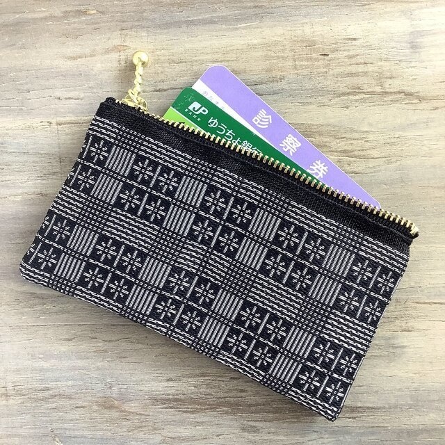 【雪の窓】畳縁 ぺたんこ ミニポーチ 小銭入れ カードケース 花格子 黒×銀