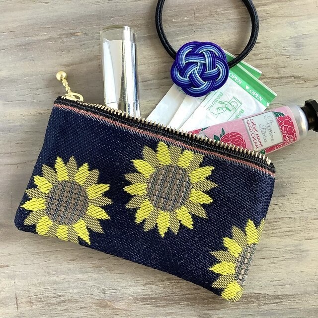 【ひまわり】畳縁 ぺたんこ ミニポーチ 小銭入れ カードケース 和風 黒 向日葵 ノスタルジー