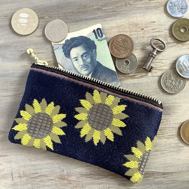 【ひまわり】畳縁 ぺたんこ ミニポーチ 小銭入れ カードケース 和風 黒 向日葵 ノスタルジー
