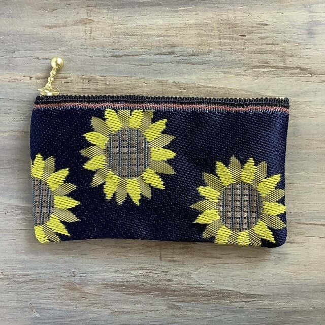 【ひまわり】畳縁 ぺたんこ ミニポーチ 小銭入れ カードケース 和風 黒 向日葵 ノスタルジー