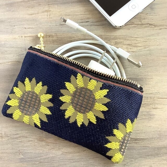 【ひまわり】畳縁 ぺたんこ ミニポーチ 小銭入れ カードケース 和風 黒 向日葵 ノスタルジー