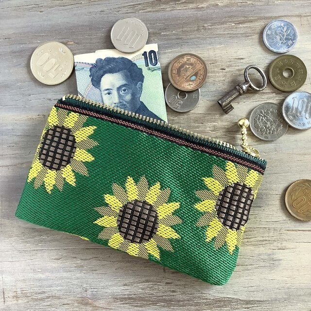【ひまわり】畳縁 ぺたんこ ミニポーチ 小銭入れ カードケース 緑 和風 向日葵 ノスタルジー