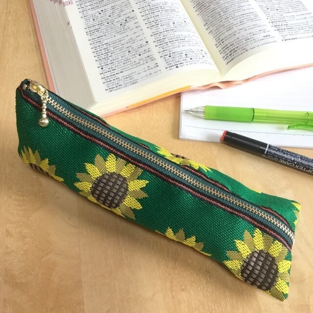 【ひまわり】畳縁 ぺたんこ ミニポーチ 小銭入れ カードケース 緑 和風 向日葵 ノスタルジー