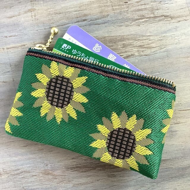 【ひまわり】畳縁 ぺたんこ ミニポーチ 小銭入れ カードケース 緑 和風 向日葵 ノスタルジー