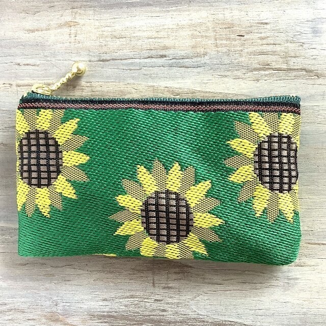 【ひまわり】畳縁 ぺたんこ ミニポーチ 小銭入れ カードケース 緑 和風 向日葵 ノスタルジー