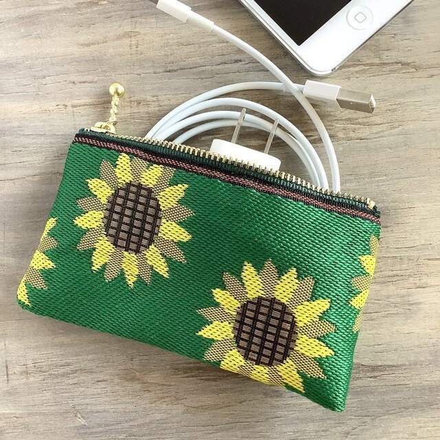 【ひまわり】畳縁 ぺたんこ ミニポーチ 小銭入れ カードケース 緑 和風 向日葵 ノスタルジー